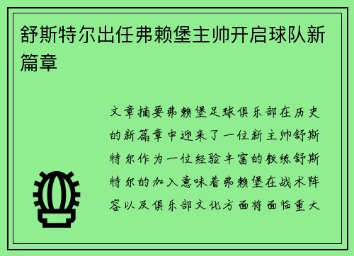 舒斯特尔出任弗赖堡主帅开启球队新篇章 舒斯特尔出任弗赖堡主帅开启球队新篇章