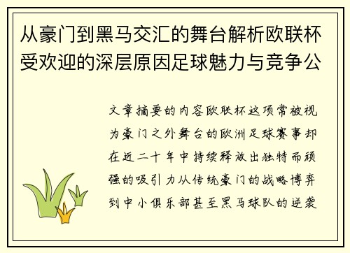 从豪门到黑马交汇的舞台解析欧联杯受欢迎的深层原因足球魅力与竞争公平性
